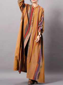 Casual Striped Stand Collar Single-breasted Long Coat