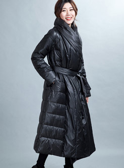 Plus Size Hooded Tie-waist Thicken Long Puffer Coat
