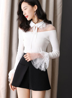 Sexy Mesh Splicing Flare Sleeve Lapel See-through Slim Knitted Sweater