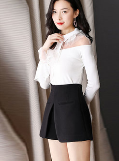 Sexy Mesh Splicing Flare Sleeve Lapel See-through Slim Knitted Sweater