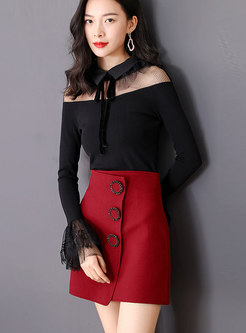 Black Mesh Splicing Flare Sleeve Lapel See-though Slim Sweater