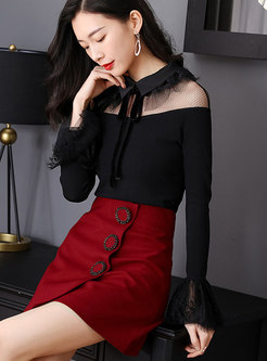 Black Mesh Splicing Flare Sleeve Lapel See-though Slim Sweater