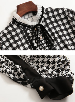 Trendy Standing Collar Tied Splicing Plaid Blouse