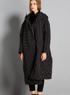 Black Hooded Striped Asymmetric Down Coat