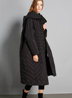Black Hooded Striped Asymmetric Down Coat