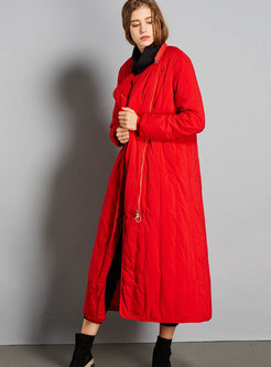 Red Elegant Long Sleeve Zipper Long Down Coat