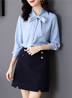 Stylish Color-blocked Tie-collar Slim Blouse & High Waist Mini Skirt