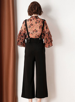 Court Print Tie-collar Flare Sleeve Top & Black High Waist Overalls