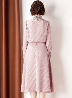 Stylish Pink Ruffled Collar Slim Top & High Waist A Line Skirt