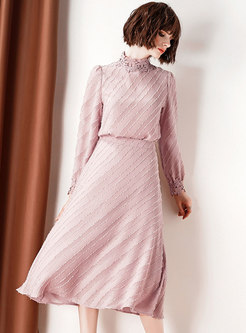 Stylish Pink Ruffled Collar Slim Top & High Waist A Line Skirt