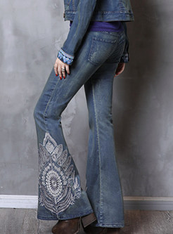 Vintage Embroidered Slim Denim Flare Long Pants