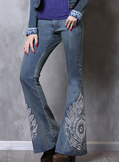 Vintage Embroidered Slim Denim Flare Long Pants