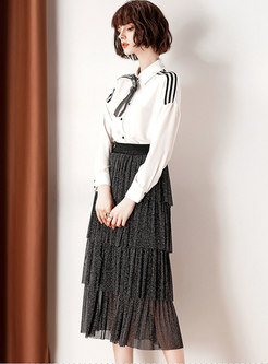 Striped Splicing Lapel Single-breasted Blouse & High Waist Gauze Cake Skirt