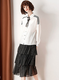 Striped Splicing Lapel Single-breasted Blouse & High Waist Gauze Cake Skirt