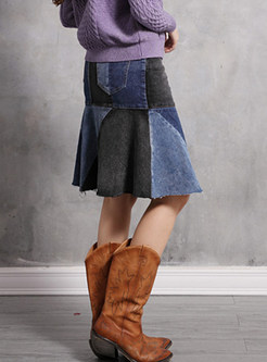 High Waist Color-blocked Splicing Denim Skirt