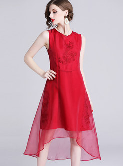 Fashion Red Crew-neck Sleeveless A Line Dress