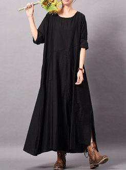 Brief Black Long Sleeve O-neck Slit Loose Maxi Dress