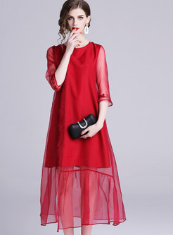 Fashion Red Mesh Stitching High Waist A Line Dress