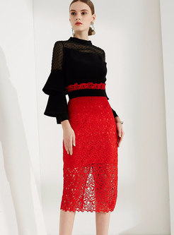 Trendy Black Flare Sleeve Top & High-rise Lace Sheath Skirt