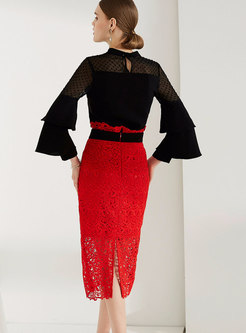 Trendy Black Flare Sleeve Top & High-rise Lace Sheath Skirt