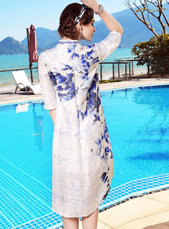 Stylish Retro V-neck Embroidered Silk Dress