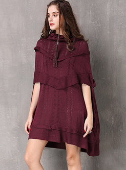 Chic Standing Collar Falbala Hollow Out Cloak Knitted Dress