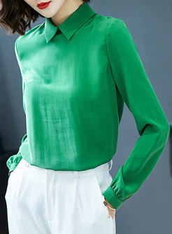 Green Turn-down Collar Long Sleeve Pullover Top