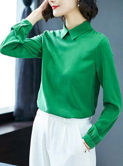 Green Turn-down Collar Long Sleeve Pullover Top