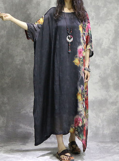 Trendy Crew-neck Long Sleeve Print Asymmetric Dress