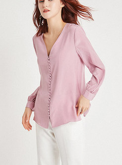 Pink V-neck Long Sleeve Pullover Straight Blouse 