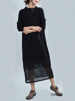 Casual Black Crew-neck Woolen Knitted Dress