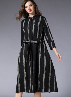 Casual Black Striped Print Loose T-Shirt Dress