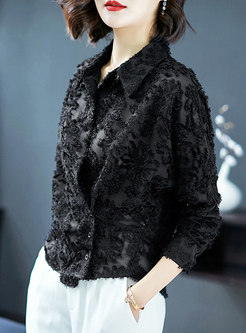 Black Lace Stitching Long Sleeve Slim Blouse