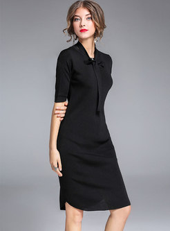 Brief Pure Color Half Sleeve Asymmetric Sheath Knitted Dress