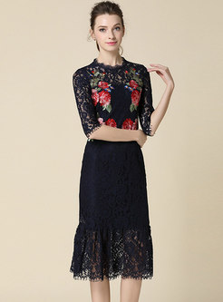 Stylish Lace Embroidered Half Sleeve See-though Mermaid Dress