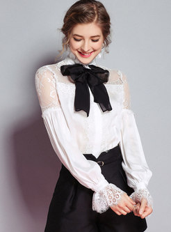 White Tie-neck Bowknot Lace Patchwork Pullover Top