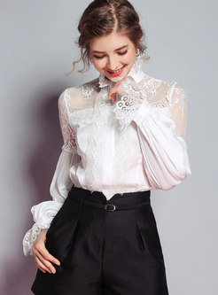 White Tie-neck Bowknot Lace Patchwork Pullover Top