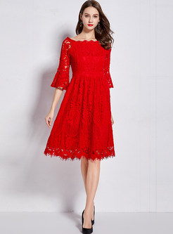 Brief Solid Color Three Quarters Flare Sleeve Lace Dress