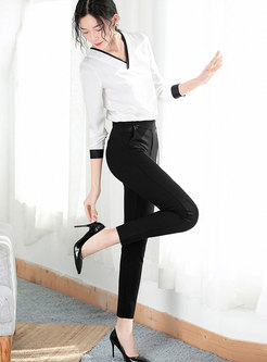 Spring V-neck Chiffon Blouse & Black High-rise Slim Pants