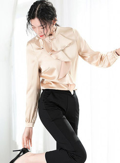 Champagne O-neck Ruffled Long Sleeve Pullover Blouse