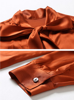 Solid Color Tie-collar Silk Blouse