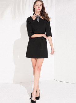 Sexy Black Tied Bowknot Half Sleeve Slim Mini Dress