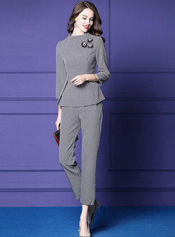 Trendy Grey Houndstooth Top & High Waist Flare Pants