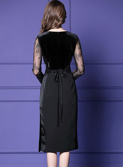 Black Lace Stitching Velvet Knee-length Sheath Dress