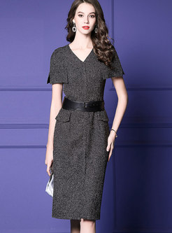 Stylish Short Sleeve V-neck Tie-waist Midi Dress