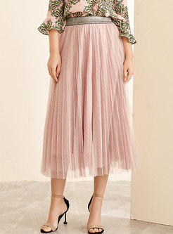 Stylish Pink Elastic Waist Gauze Pleated Skirt