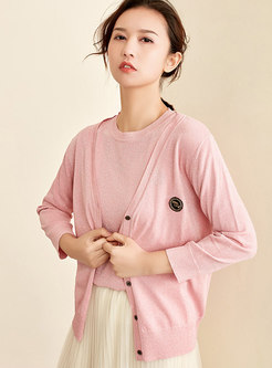 Brief Pink V-neck Single-breasted Short Cardigan