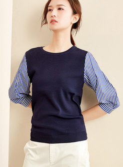 Striped Splicing Lantern Sleeve O-neck Knitted Sweater