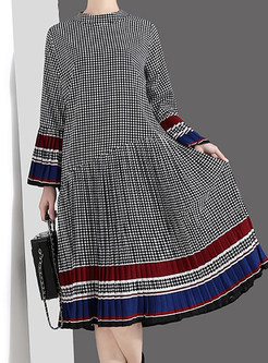 Color-blocked Flare Sleeve Loose Houndstooth Dress