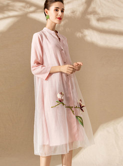 Pink Three Quarters Sleeve Embroidered A Line Dress